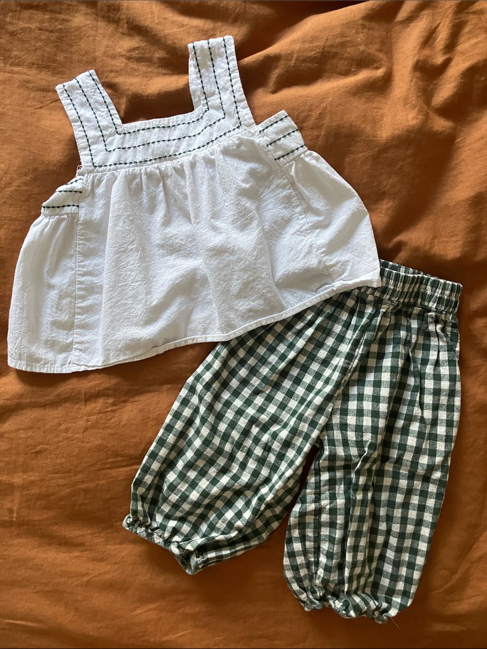 White Smocked Tank with Green Gingham Kids Jogger Set